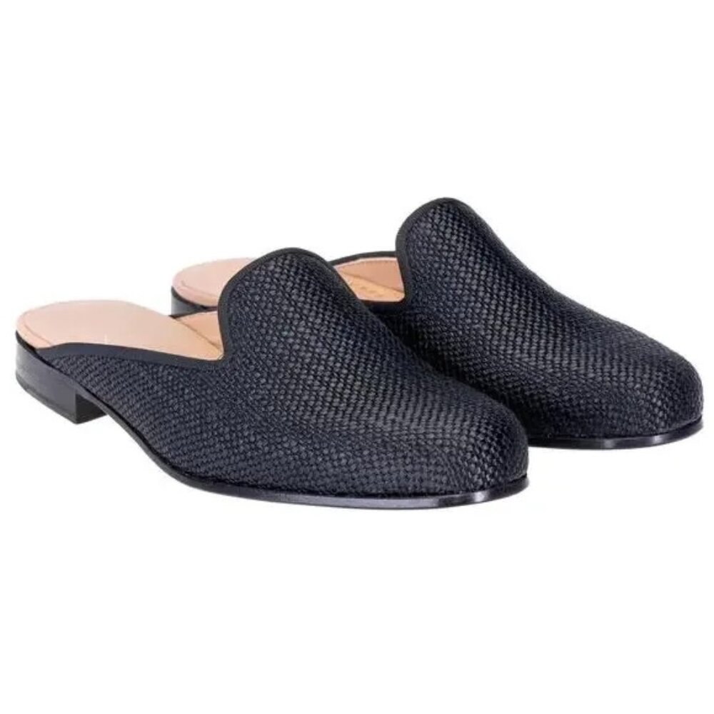 Stubbs & Wootton Womens Raffia Mules Slippers Loafers Flat Slip On Shoes Black 8